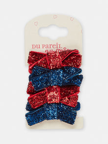  Set of 4 red and navy blue elastic bands with shiny bows for girls