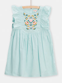  Girls water-green dress with floral embroidery