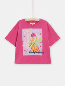  Fuchsia Animation Tropical Glitter T-Shirt for Girls