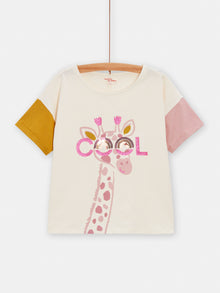  girls ecru animated giraffe Tshirt with glasses
