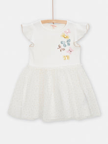 girls multifabric cream dress with butterfly pattern