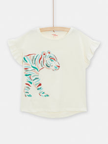  T-shirt ecru animation tigre pour fille