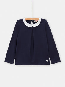  Girls navy blue T-shirt with Claudine collar