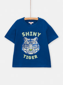  boys navy blue tiger head animation Tshirt with reversible sequins