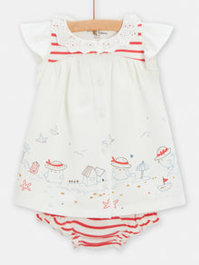  Sparrow print dress and red striped shorts set