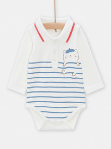  Offwhite blue striped bodysuit for baby boys