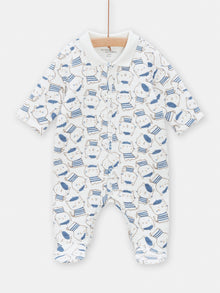  Off-white and blue cat print quilted romper for BOY