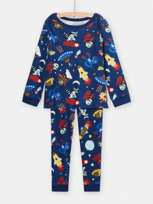  Dark blue phosphorescent pyjamas with space print for boys