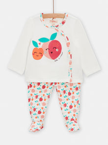  GIRLs white pyjamas with peach print and pattern