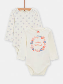  2 ecru longsleeved bodysuits for baby girls with flowers