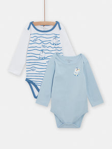  Set of 2 assorted blue and white baby boys bodysuits