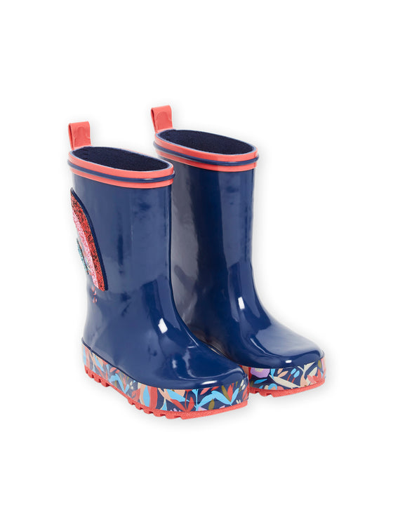 Navy rain boots with sequin rainbow patch