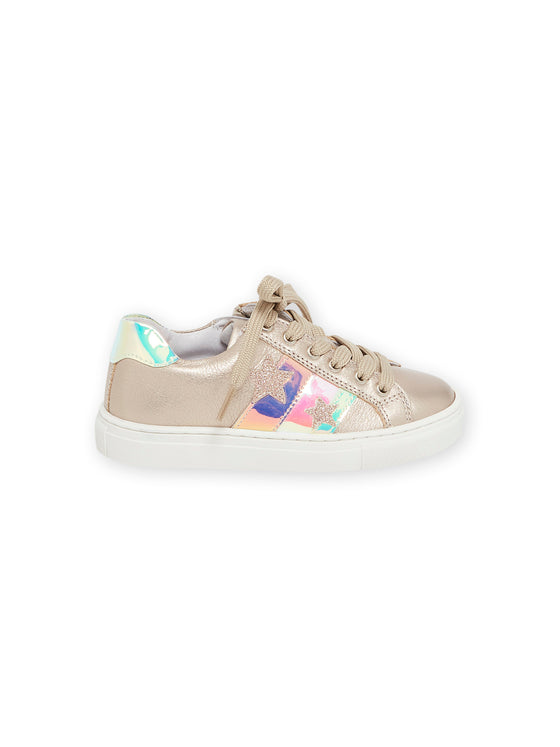 Golden leather sneakers with star patches and fancy bands