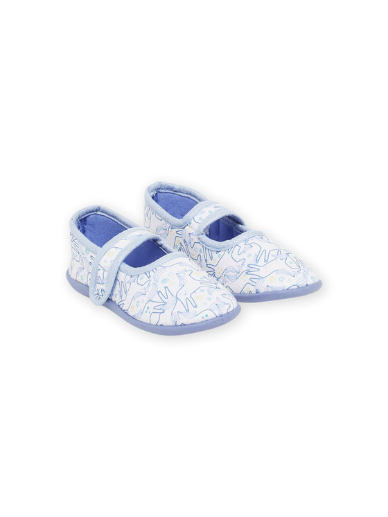 Ecru and blue slippers with unicorn print