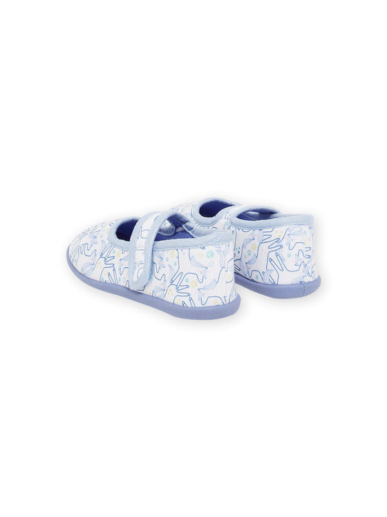 Ecru and blue slippers with unicorn print