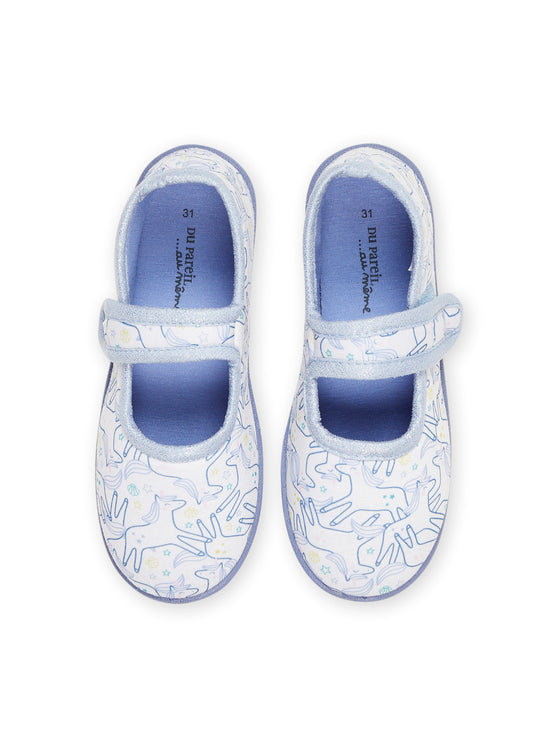 Ecru and blue slippers with unicorn print