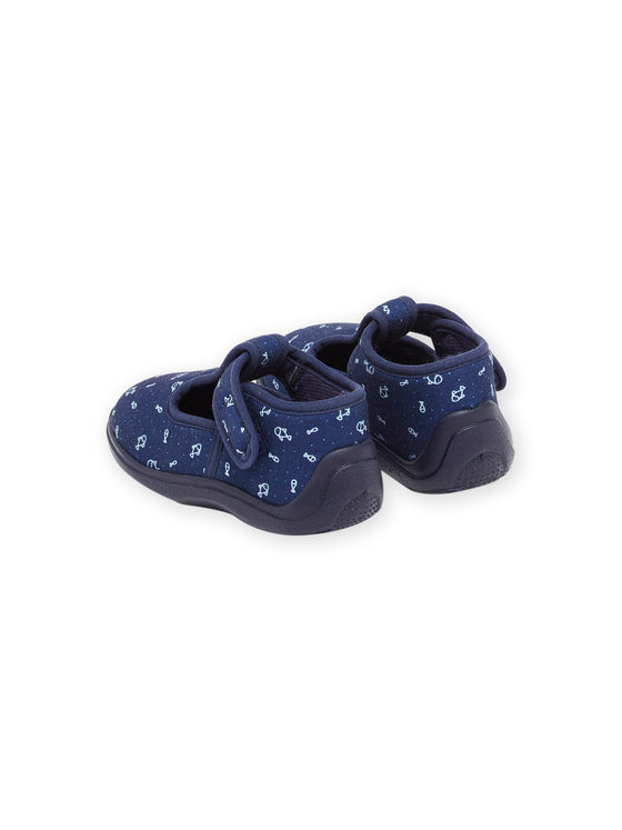 Navy blue slippers with fish print