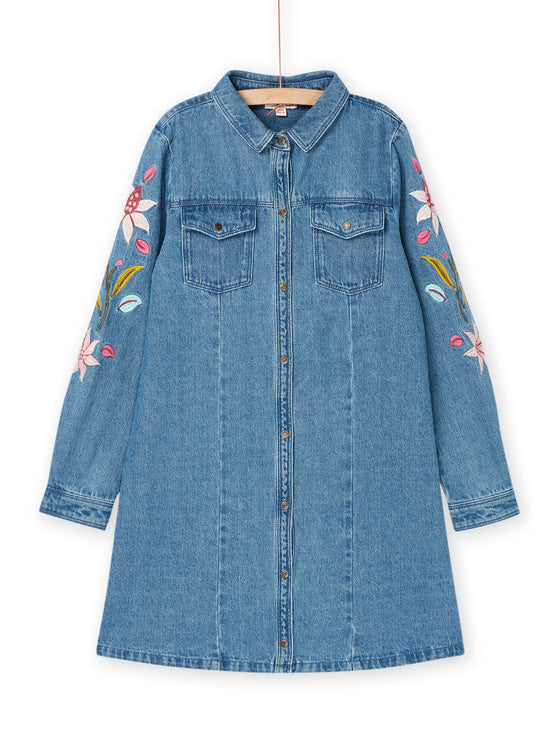 Denim dress with floral embroidery on the sleeves