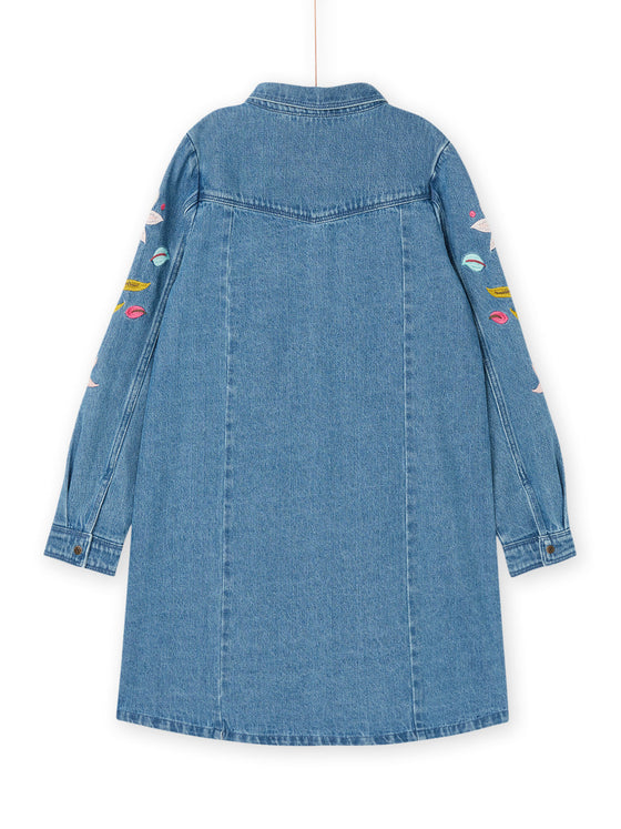 Denim dress with floral embroidery on the sleeves