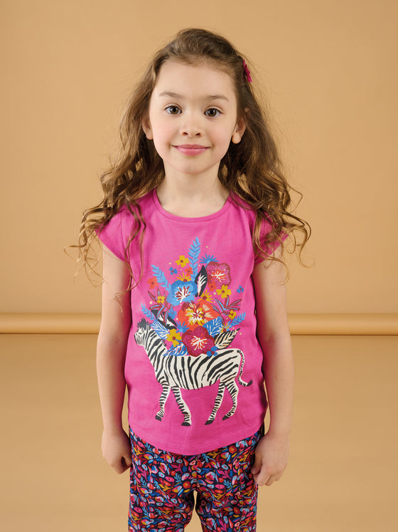 T-shirt with zebra and flower motifs