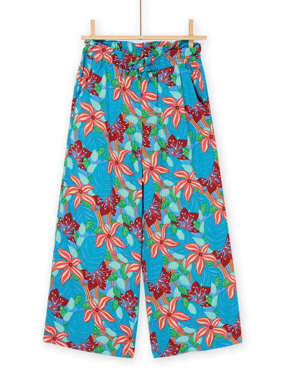 Flowing dark turquoise pants with flower print