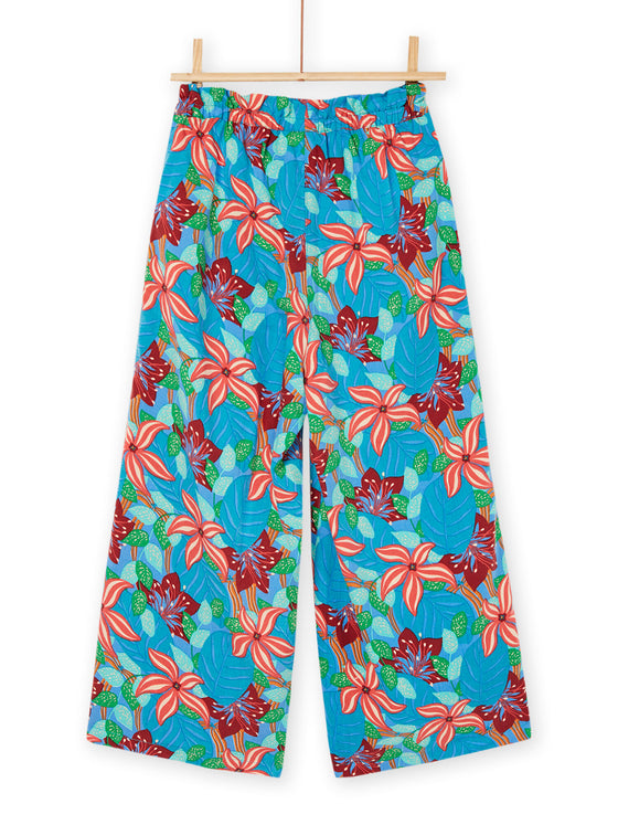 Flowing dark turquoise pants with flower print