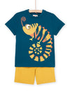Blue T-shirt with chameleon pattern and yellow Bermuda shorts