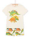 Cream T-shirt and bermuda set with dinosaur prints and patterns