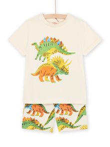  Cream T-shirt and bermuda set with dinosaur prints and patterns