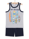 Tank top and Bermuda shorts set with surf patterns and a striped print