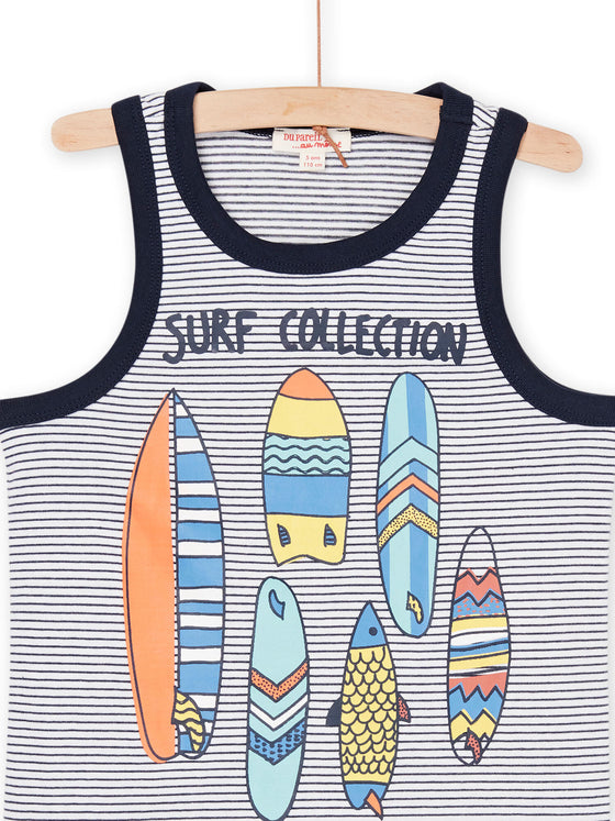 Tank top and Bermuda shorts set with surf patterns and a striped print