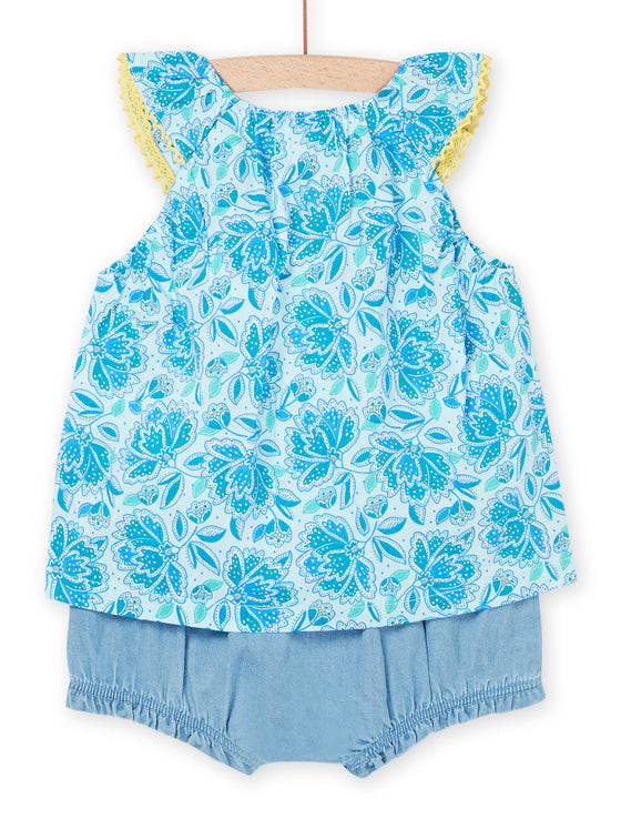 Turquoise floral print blouse and shorts set