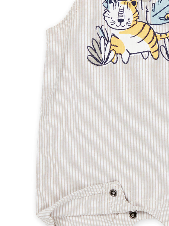 Overalls with white and purple striped print