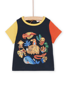  Midnight blue t-shirt with yellow and orange sleeves