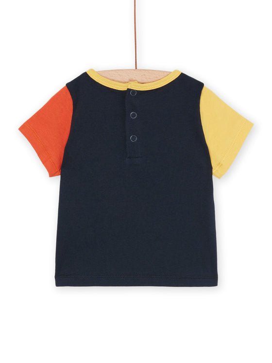 Midnight blue t-shirt with yellow and orange sleeves