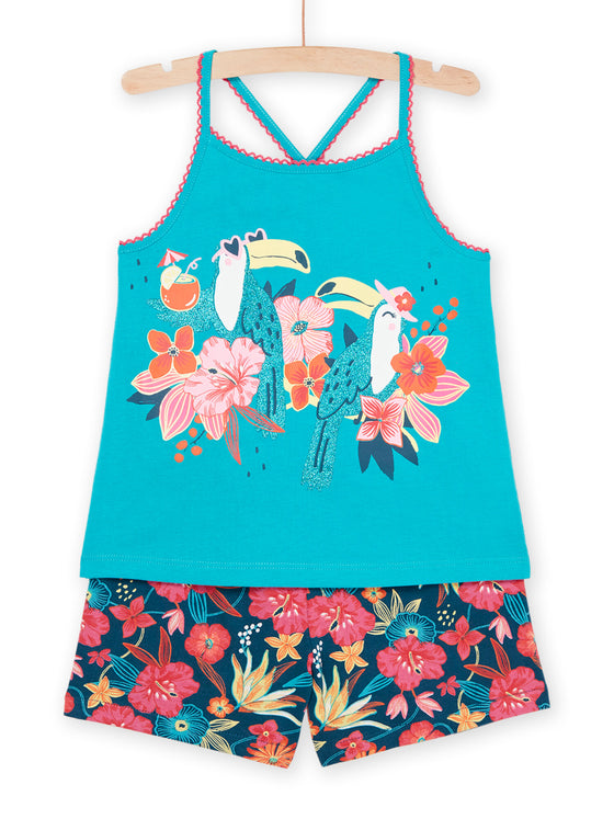 Turquoise pajamas with toucans and floral print