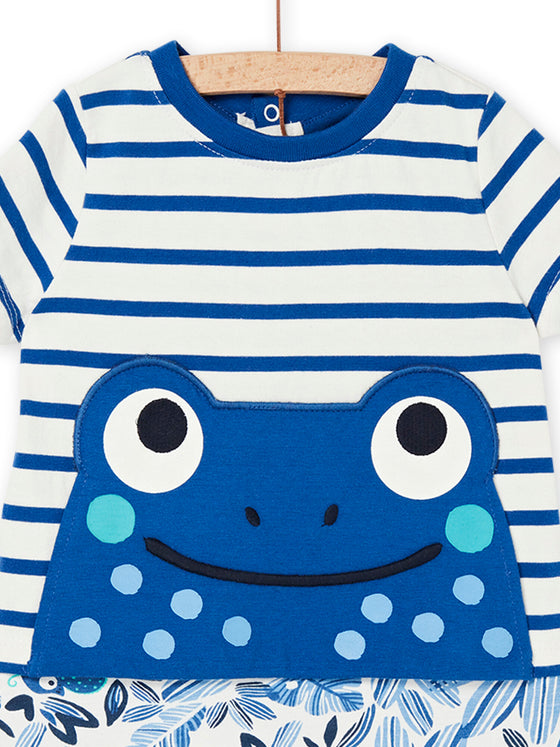 Blue short onesie with frog pattern