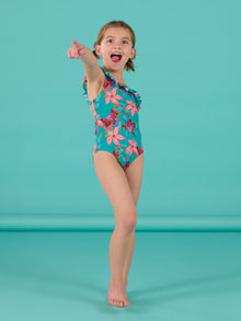  Turquoise 1-piece swimsuit with flower print