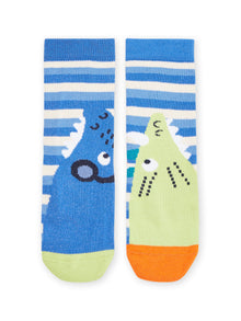  Blue socks with dinosaur prints and stripes