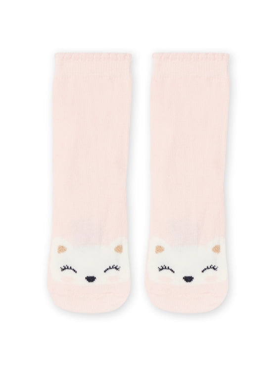 Pale pink layette socks with a cat motif