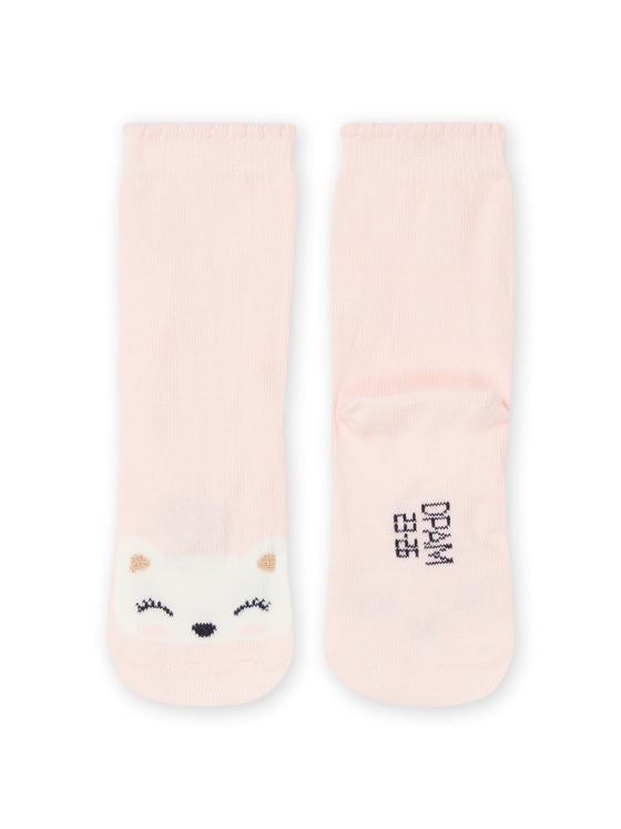 Pale pink layette socks with a cat motif