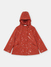 BRICK-RED HOODED RAINCOAT WITH SHINY PANTHER PRINT