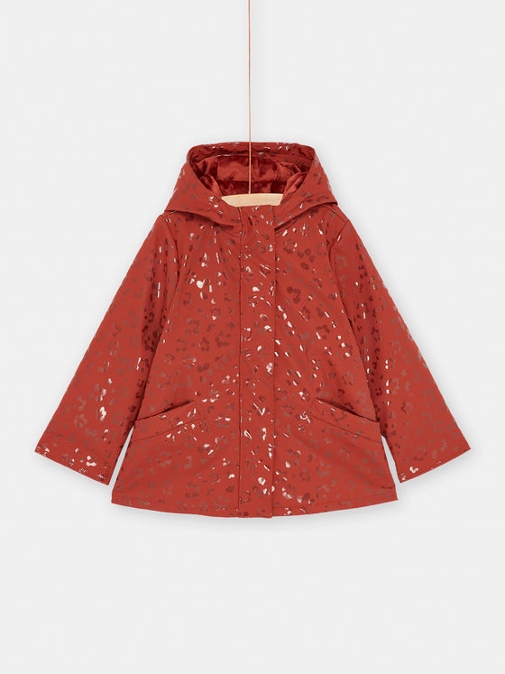 BRICK-RED HOODED RAINCOAT WITH SHINY PANTHER PRINT