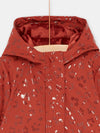 BRICK-RED HOODED RAINCOAT WITH SHINY PANTHER PRINT