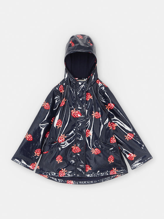 NAVY BLUE HOODED RAINCOAT WITH STRAWBERRY PRINT