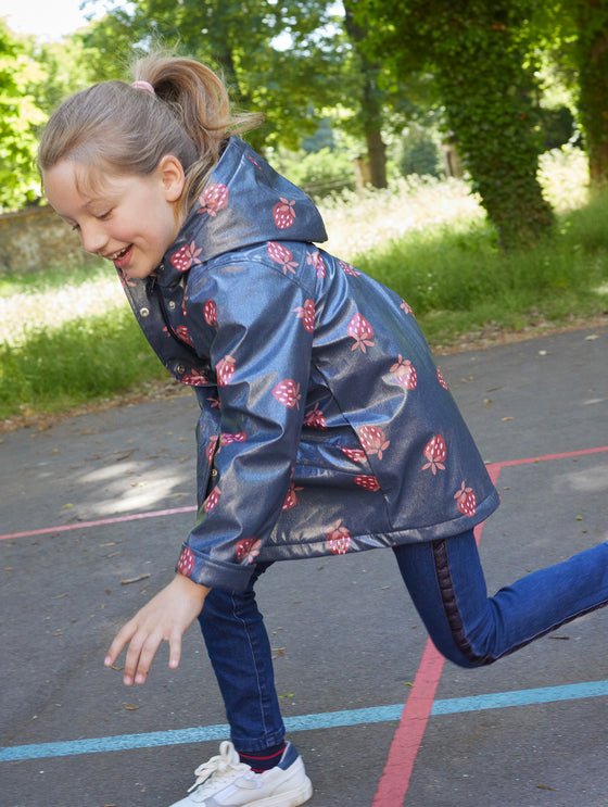 NAVY BLUE HOODED RAINCOAT WITH STRAWBERRY PRINT