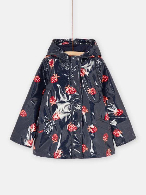 NAVY BLUE HOODED RAINCOAT WITH STRAWBERRY PRINT