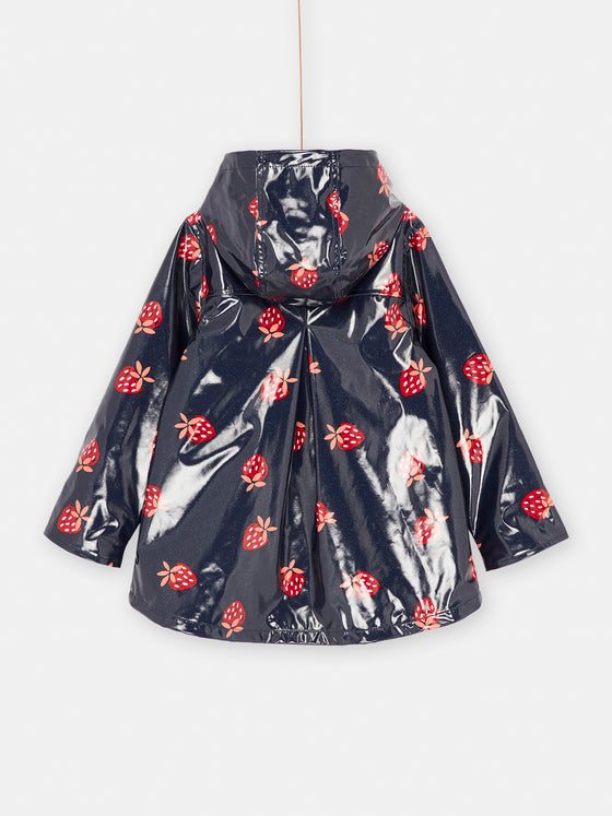 NAVY BLUE HOODED RAINCOAT WITH STRAWBERRY PRINT