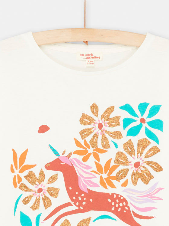 girls ecru unicorn and flower Tshirt