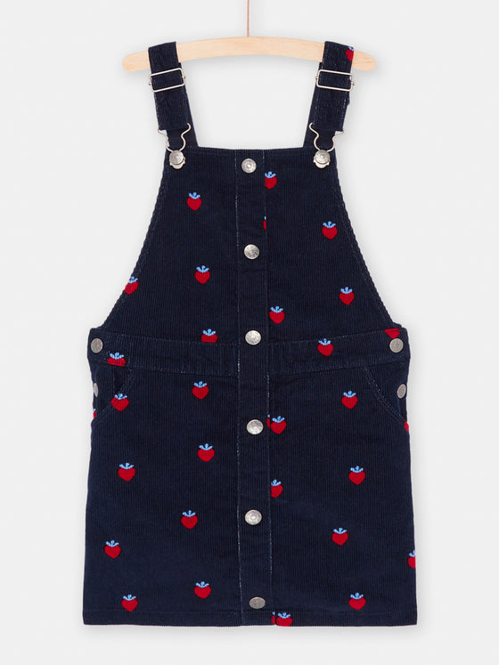 Girl midnight blue strawberry print dungaree dress